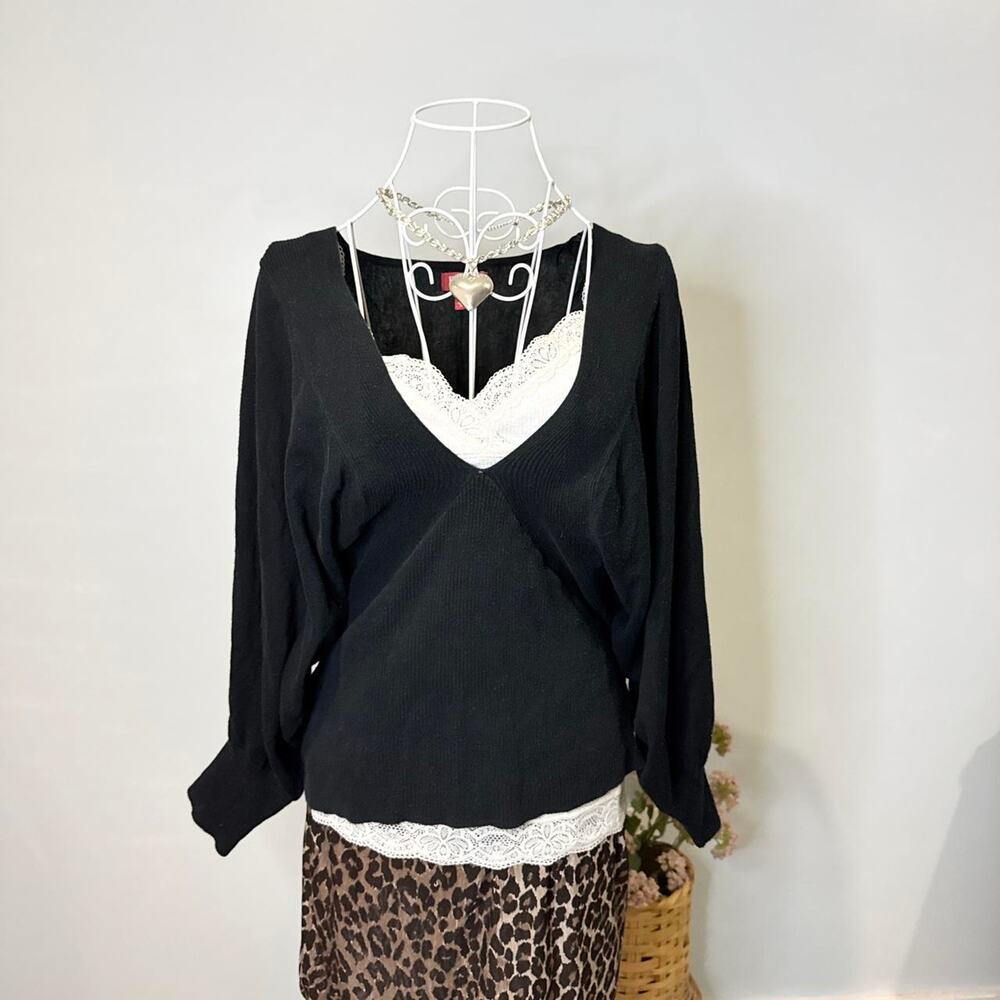 Cute vintage y2k black babydoll wrap sweater long sleeve top